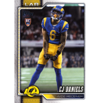 cj daniels 2026 topps rc LA Rams NFL rookie card featuring wide receiver #6 in blue and gold uniform, celebrating on field.