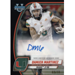 damien martinez 2024 bowman chrome university black refractor autograph Football trading card featuring a player in a Miami Hurricanes uniform, labeled as Damien Martinez, with autograph.
