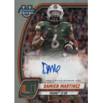 damien martinez 2024 bowman chrome university refractor variation autograph Football trading card featuring a player in a green Miami uniform with autograph and orange-bordered design.