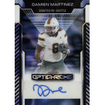 damien martinez 2025 leaf optichome lava teal autograph Football trading card featuring player in white and green uniform, number 6, signed with blue ink, Optichrome design.