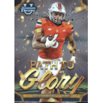 damien martinez 2024 bowman chrome university path to glory Football player in orange uniform on a Bowman Chrome card, titled Path to Glory, with confetti background.