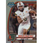 damien martinez 2024 bowman chrome university refractor Football player running with the ball in Miami uniform, Bowman Chrome trading card design, number 6 jersey.