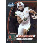damien martinez 2024 bowman chrome university University of Miami football player running with the ball, dressed in white and green uniform, action shot.