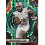 damien martinez 2024 bowmans best university teal geometric refractor A football player in a white uniform running with the ball, featured on a vibrant collectible sports card.