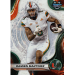 damien martinez 2024 bowmans best university white refractor Football player in white Miami uniform running with a football on a colorful trading card with team logo and name.