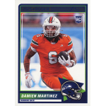 damien martinez 2025 score rc Rookie football trading card featuring player in orange uniform holding a football, highlighting the running back position.