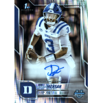 darian mensah 2025 bowman chrome university stealth refractor autograph Football player in blue and white uniform holding a ball on an autographed card with Darian Mensah and Bowman Chrome.