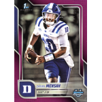 darian mensah 2025 bowman chrome university fuchsia refractor College football trading card: Duke Blue Devils quarterback in blue and white uniform running with ball, Bowman Chrome U.