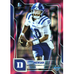 darian mensah 2025 bowman chrome university pink lava refractor Football player in blue and white uniform running with a ball on a baseball card design.