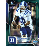 darian mensah 2025 bowman chrome university teal lava Football player on trading card in blue and white uniform holding a football, set in a dynamic pose.