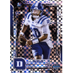 darian mensah 2025 bowman chrome university xfractor Football player in a blue and white uniform holding a football, depicted on a sports trading card with a geometric background.