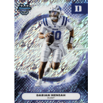 darian mensah 2025 bowmans best university shimmer refractor Football player in a Duke uniform running forward holographic sports card.