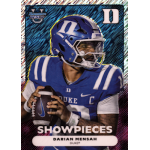 darian mensah 2025 bowmans best university showpieces shimmer refractor Football player in a blue Duke jersey holding a football on a trading card labeled Showpieces.