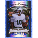 darian mensah 2026 goodwin champions royal blue foil Goodwin Champions Upper Deck football trading card featuring a quarterback in white #10 jersey with holographic border.