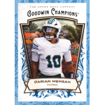 darian mensah 2026 goodwin champions turquoise Goodwin Champions football card featuring QB in white #10 jersey, scenic floral backdrop, Upper Deck collectible.