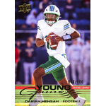 darian mensah 2026 goodwin champions upper deck exclusives Young Guns UD Exclusives sports card showing American football quarterback in green uniform running with ball.