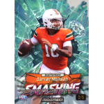 darian mensah 2026 wild card alumination just the hits smashing rainbow cyan Quarterback in orange jersey on smashing-themed football card with shattered glass effect, teal background, limited edition 2/5.