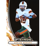 darian mensah 2026 leaf optichrome prismatic black Leaf Optichrome football trading card with quarterback in green-orange uniform running with ball on black background