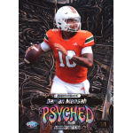 darian mensah 2026 wild card alumination psyched black Quarterback in orange #10 jersey throwing football on psychedelic background, premium football trading card design