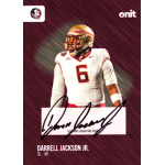 darrell jackson jr 2025 onit florida state university autograph Football player in white jersey with 6, wearing helmet, on collector's card with signature and maroon background.