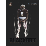 darrell jackson 2025 onit florida state university blackout American football player in dark uniform with helmet, surrounded by smoke effects, Blackout Edition text below.