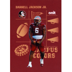 darrell jackson jr 2025 onit florida state university campus colors dark Football player in a maroon uniform on a collage background with sports graphics and logos.