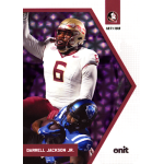 darrell jackson jr 2025 onit florida state university purple Football player in white and red tackles opponent in blue, numbered card 187/199 with branding.