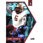 darrell jackson jr 2025 onit florida state university teal Football player in maroon jersey tackles opponent in blue during a game, with an action-packed pose.
