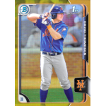david thompson 2015 bowman chrome draft gold refractor Baseball card featuring a player in a blue and orange uniform with a bat, against a baseball field backdrop.