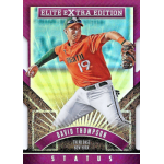 david thompson 2015 elite extra edition purple status die cut Baseball player in orange jersey pitching, Elite Extra Edition card with David Thompson and STATUS displayed.