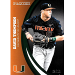 david thompson 2015 panini university of miami 074 black Baseball card of a player in University of Miami uniform, holding a glove. Panini logo and team colors displayed.