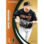 david thompson 2015 panini university of miami 074 gold Baseball player in Miami jersey holding glove, featured on a Panini sports card with orange and green design.