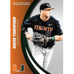 david thompson 2015 panini university of miami 074 silver Baseball player in University of Miami uniform holding a glove, featured on a Panini card.