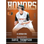 david thompson 2015 panini university of miami honors silver Baseball player David Thompson on Panini 2015 Honors card, wearing a University of Miami Canes uniform, third base.