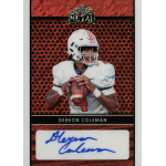dereon coleman 2024 leaf collective leaf shimmer orange autograph Football trading card featuring a player in a white uniform holding a football, with a signature below.