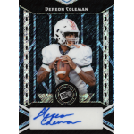 dereon coleman 2024 leaf collective press pass shimmer light blue autograph Football trading card featuring a player in white uniform holding a ball, with a blue signature and holographic background.