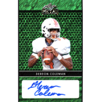 dereon coleman 2024 leaf metal collective shimmer green autograph Football trading card featuring a player in a white uniform holding a ball, with signature and Dereon Coleman text.
