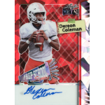 dereon coleman 2025 leaf metal prep school signing crystal red autograph Football player holding a ball on a red sports card design with Prep School Signing text.