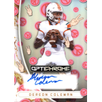 dereon coleman 2026 leaf optichrome peace autograph Football player action pose on a colorful sports card with signatures and vibrant peace symbols background.