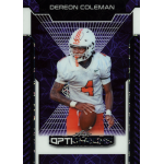 dereon coleman 2025 leaf optichrome lazer purple A football player in a white jersey holding a ball, featured on a trading card with a geometric purple background.