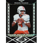 dereon coleman 2024 leaf metal press pass shimmer black Football player in white and orange uniform holds a ball, ready to pass. Trading card design with a patterned border.