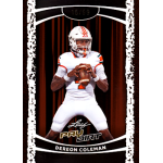 dereon coleman 2026 leaf paydirt orange Football trading card featuring player in white uniform, holding ball, framed against a dark background with decorative borders.