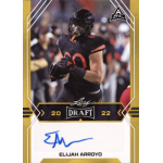 elijah arroyo 2022 leaf draft gold autograph Football player in black uniform on sports trading card from 2022 Leaf Draft collection.