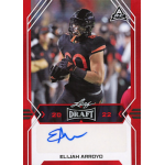 elijah arroyo 2022 leaf draft red autograph Football player in black uniform holding a ball on a sports card, signed and labeled Leaf Draft 2022.