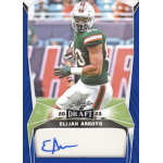 elijah arroyo 2023 leaf draft blue autograph Football player in green jersey on 2023 draft card, holding ball on field, signature visible.