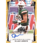 elijah arroyo 2023 leaf draft limited edition gold autograph Football player holds ball, wearing green and orange jersey, on a draft card with signature and limited edition note.