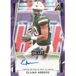 elijah arroyo 2023 leaf draft limited edition purple autograph Rookie football player in action, holding a ball, wearing a green uniform. Limited edition draft card with autograph.