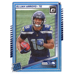 elijah arroyo 2025 donruss optic rc Football trading card of a player in a blue jersey holding a football, labeled Rated Rookie.