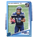 elijah arroyo 2025 donruss rc Football player in Seahawks uniform holding a football on a Donruss Rated Rookie card.