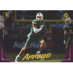 elijah arroyo 2025 panini luminance purple rc Football player in green uniform running with the ball on a trading card.
